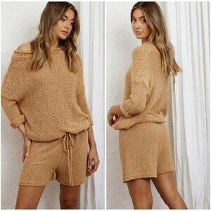 Angel Biba Amris Off-shoulder Long Sleeve Knit Romper Camel